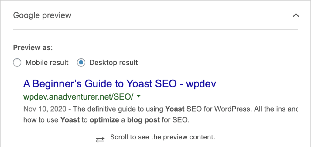 Yoast Google Preview window