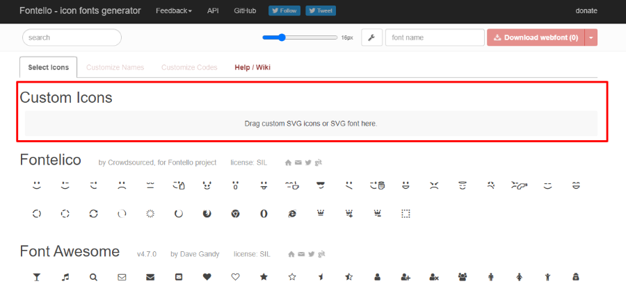 drag fonts to fontello custom fonts section