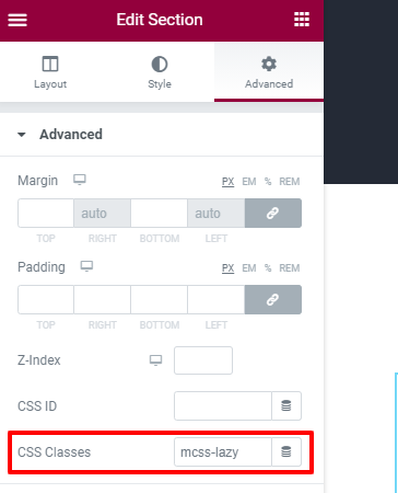 add mcss-lazy to elementor