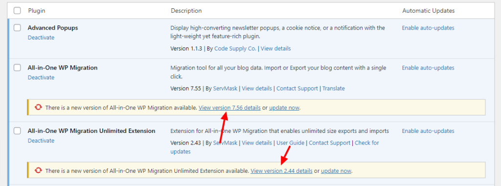 plugin update screen
